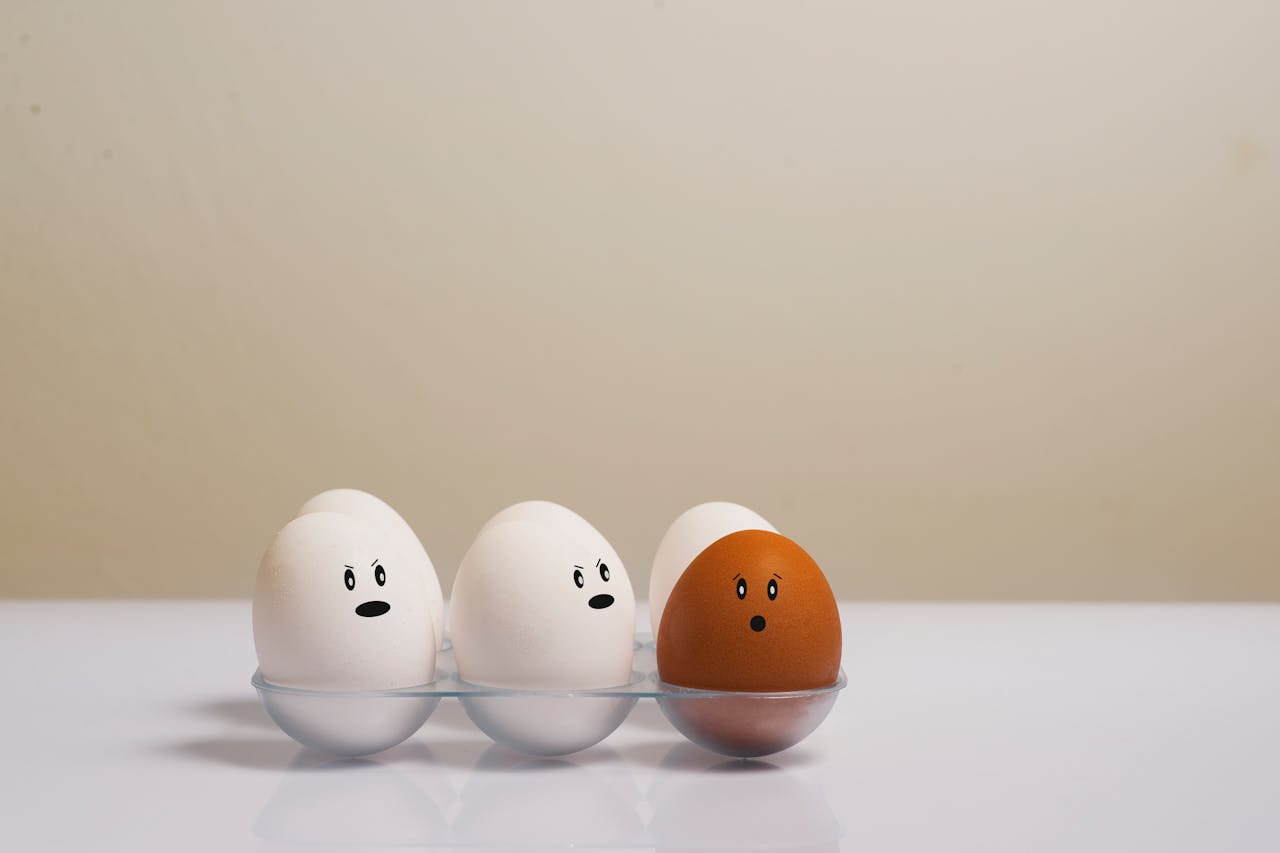 A brown egg getting shunned by white eggs
