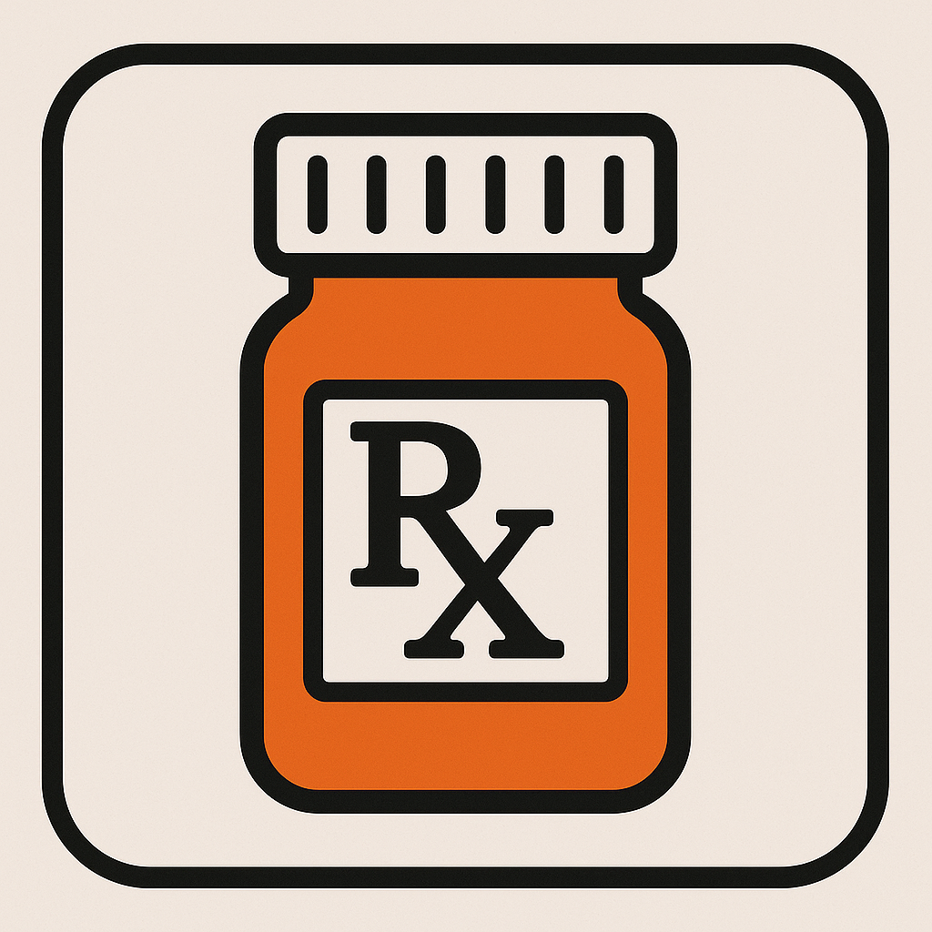 Icon for Prescription medications showing an orange pill bottle and the letter RX on the label of the pill bottle.